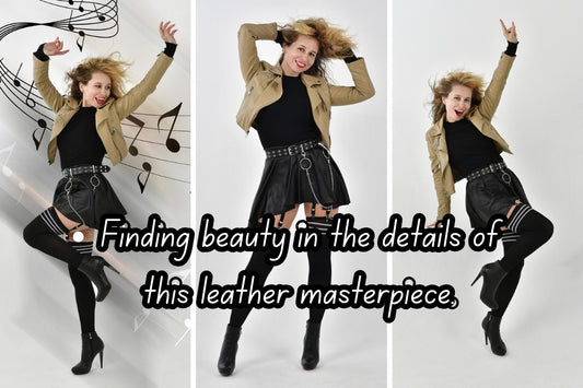 Woman-in-high-heels-black-short-leather-skirt-and-a yellowish-leather-jacket-listening to music