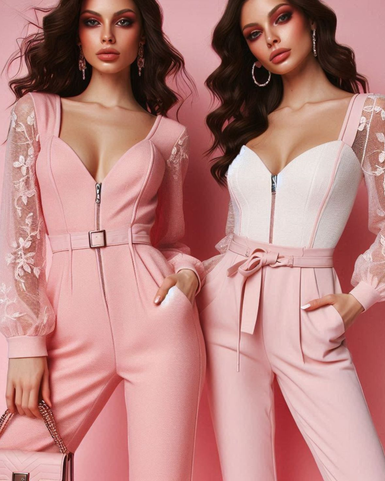 Two-women-with-black-hair-in-pink-jumpsuits-standing-on-a-pink-background 