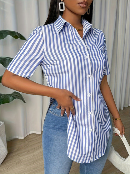 Women’s Striped Button-Front Blouse – Casual Short Sleeve Top for Spring & Summer