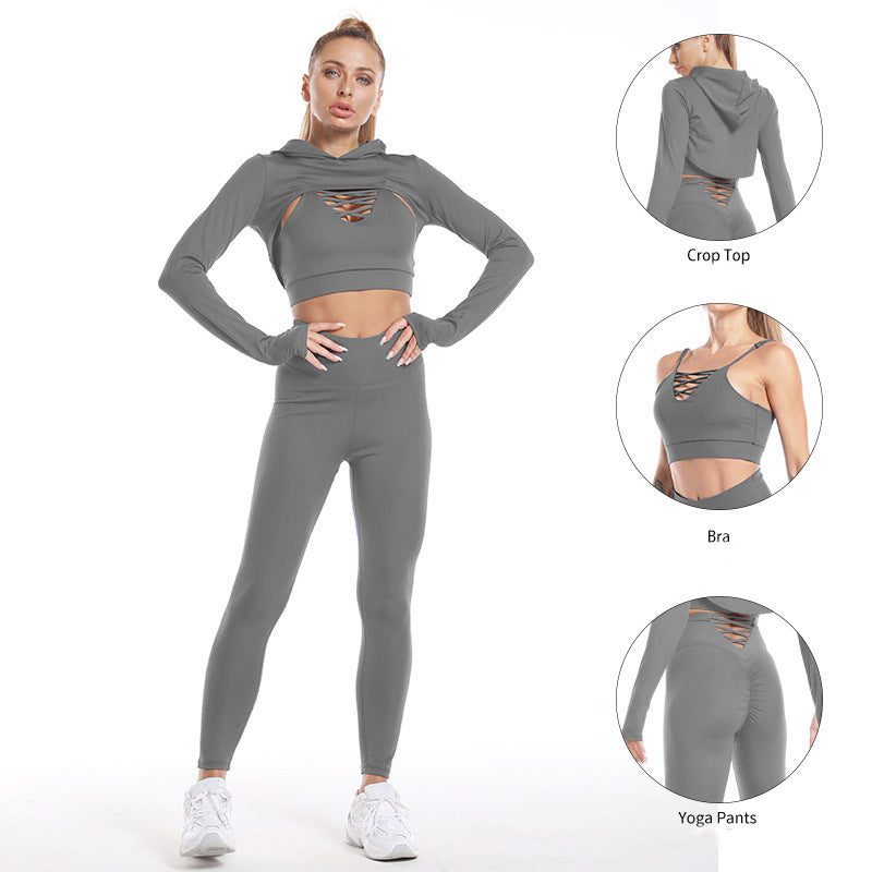 3pcs Sports Suits Long Sleeve Hooded Top Hollow, Butt Lifting High Waist Fitness Outfits