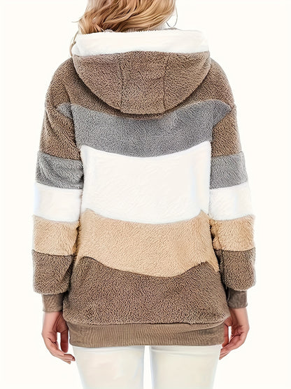 Women’s Fluffy Color Block Coat - Hooded, Zippered, and Cozy