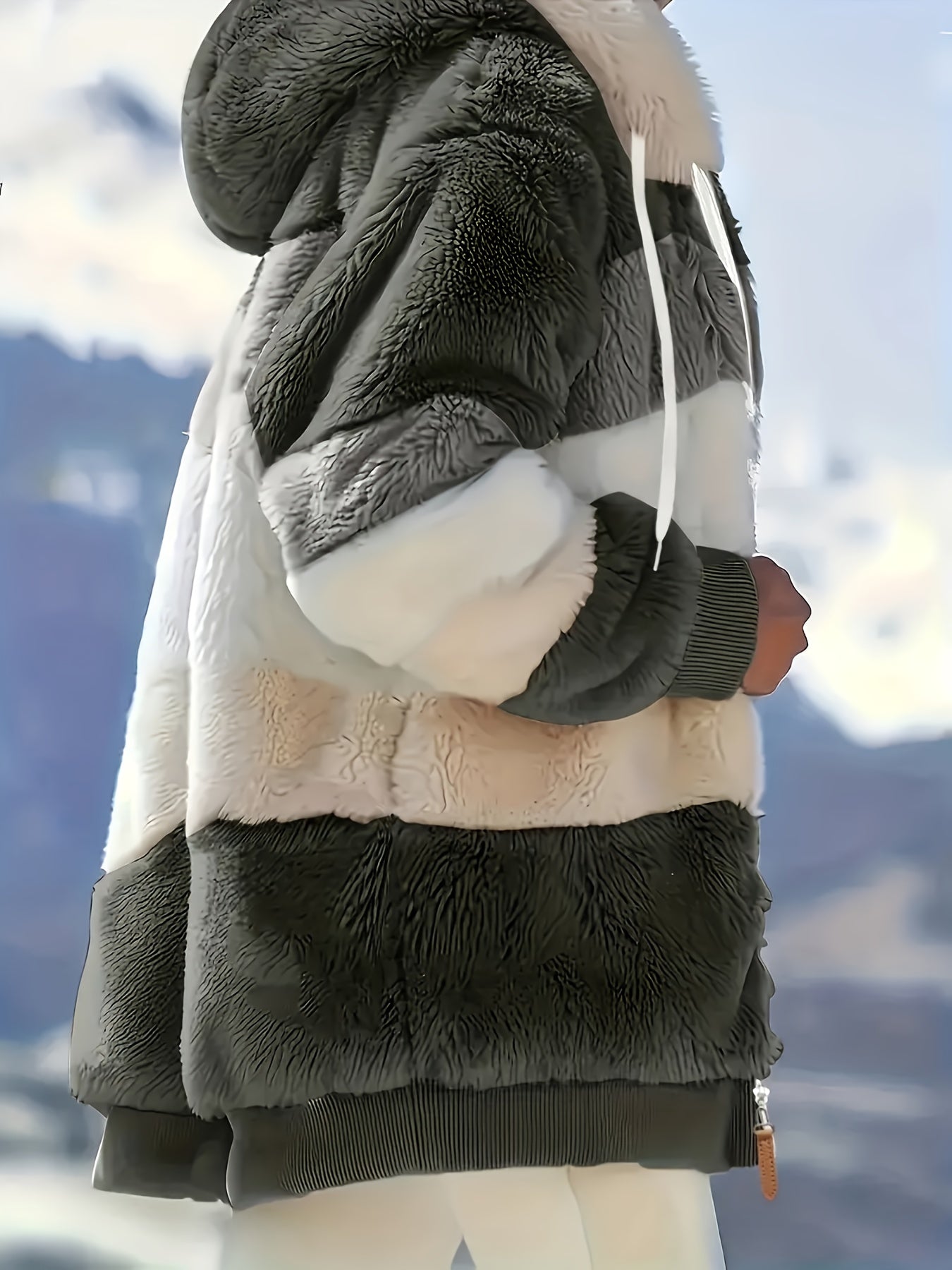 "Color Block Fuzzy Hooded Coat - Jackets In Winter Cozy Long Sleeve Winter Jacket"