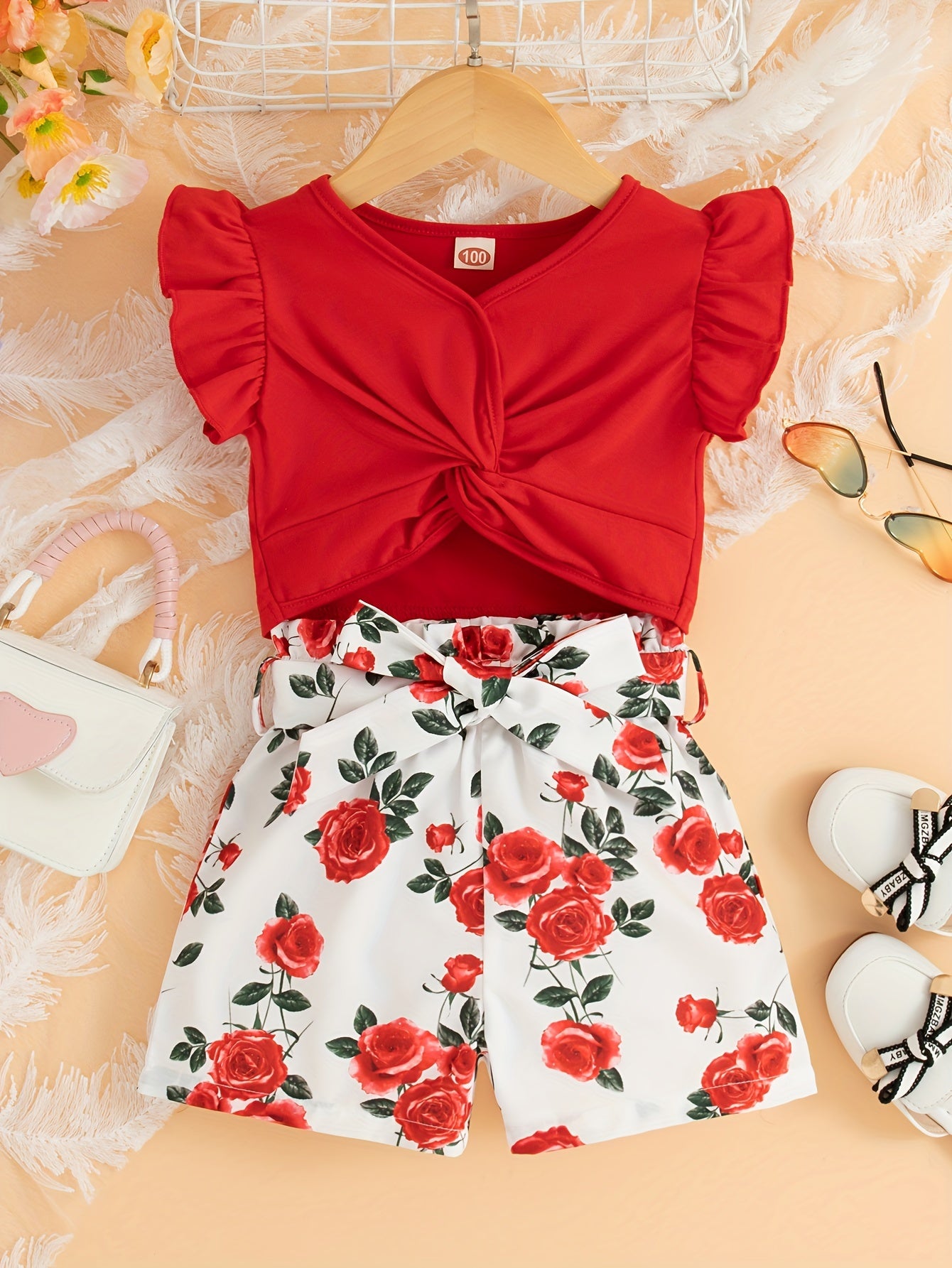 Girls’ 2-Piece Set: Orange Floral Wrap Top & High-Waist Shorts