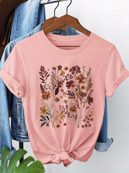 Floral Print T-Shirt, Short Sleeve Round Neck Casual Top for Summer, Spring,