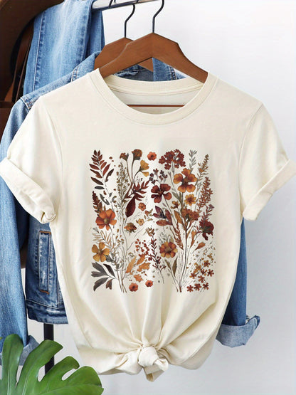 Floral Print T-Shirt, Short Sleeve Round Neck Casual Top for Summer, Spring,