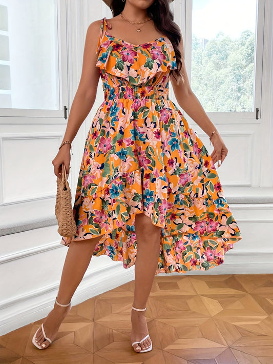 Floral Print Ruffle Trim Cami Dress - Elegant Spring & Summer Sleeveless Dress