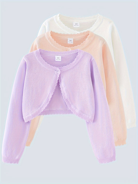 Girls’ Elegant Solid Cardigan with Scarf Detail & Long Sleeves