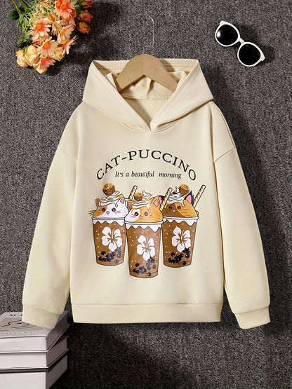 Girls' Cartoon Cat Puccino Hoodie – Cozy & Cute Sweatshirt for Spring & Autumn