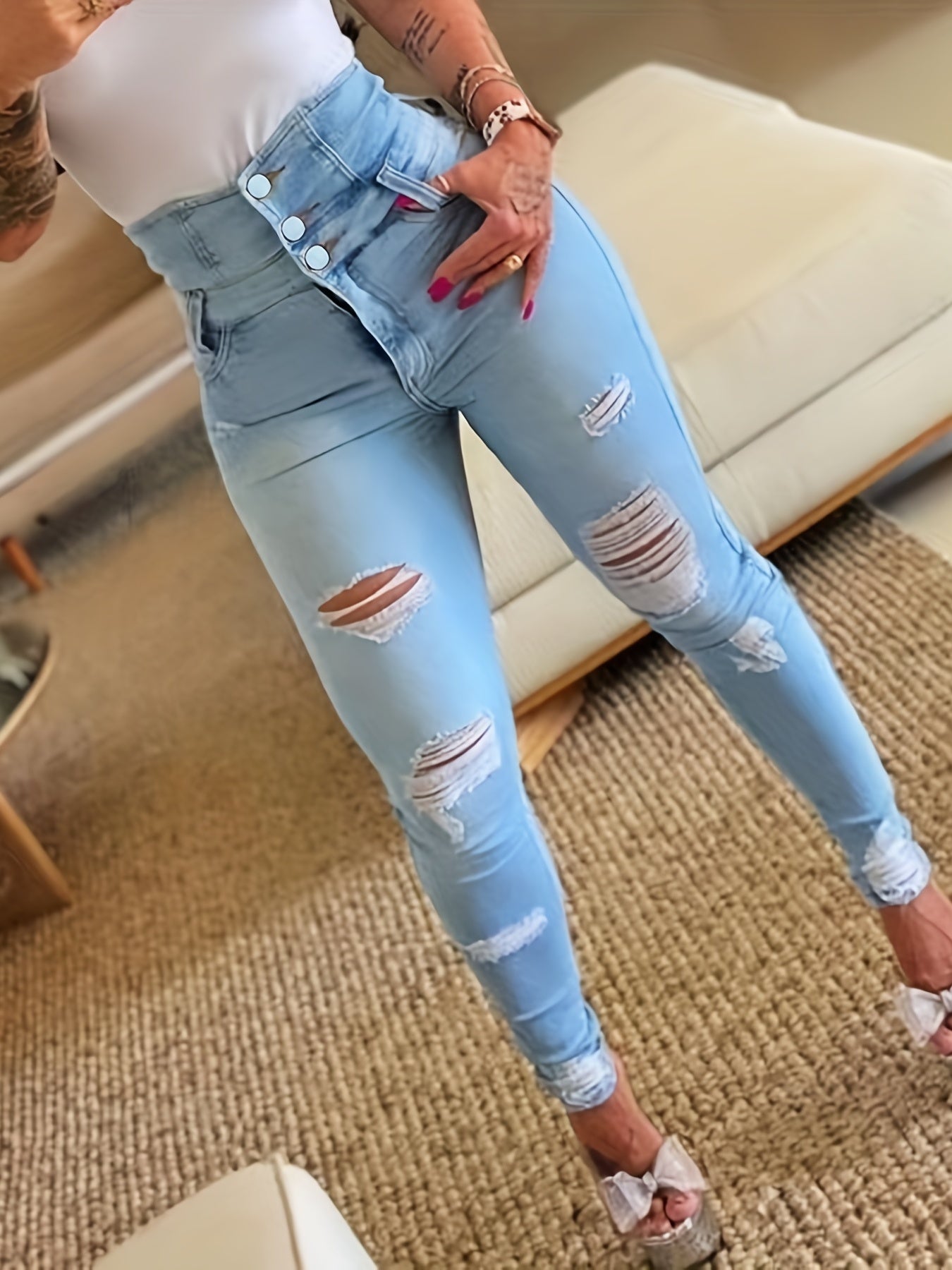 Blue Distressed Skinny Jeans | Trendy High-Waist Denim