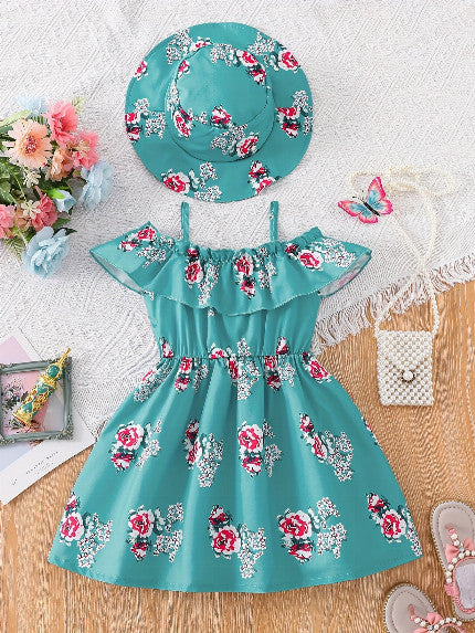 Girls’ Floral Princess Dress & Hat Set | 2-Piece Special Occasion Outfit