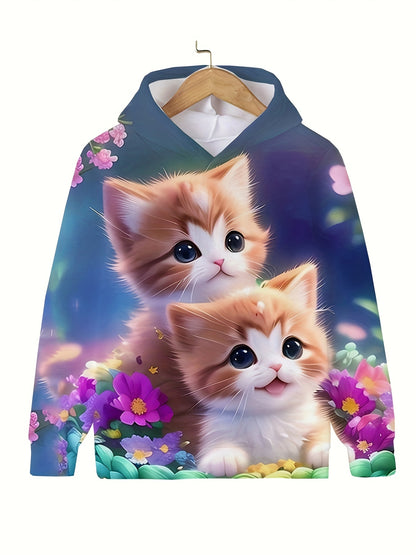 Charming Kitten Graphic Hoodie for Girls - Cozy Long Sleeve Pullover with Hood