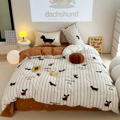 Cozy Cartoon Puppy Striped Cotton Bedding Set - 4-Piece