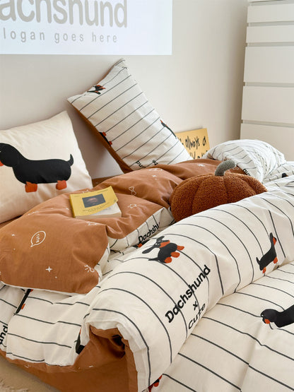 Cozy Cartoon Puppy Striped Cotton Bedding Set - 4-Piece