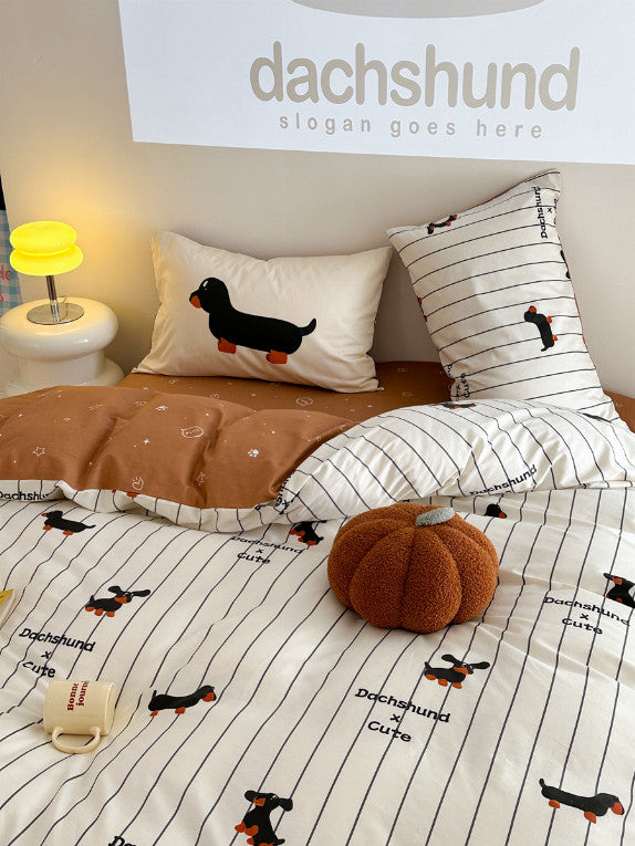 Cozy Cartoon Puppy Striped Cotton Bedding Set - 4-Piece