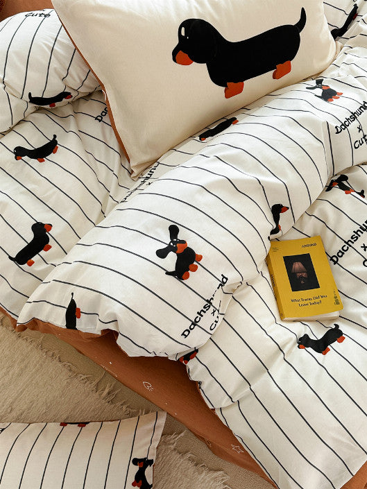 Cozy Cartoon Puppy Striped Cotton Bedding Set - 4-Piece