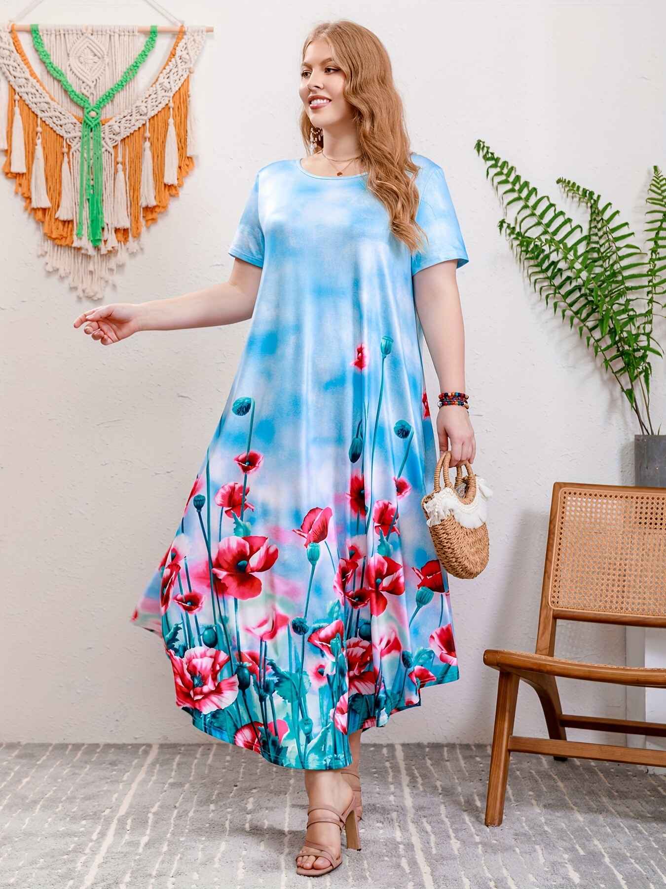 Plus Size Women's Printed Round Neck Large Swing Dress