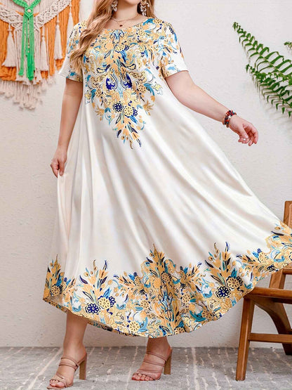 Plus Size Women's Printed Round Neck Large Swing Dress