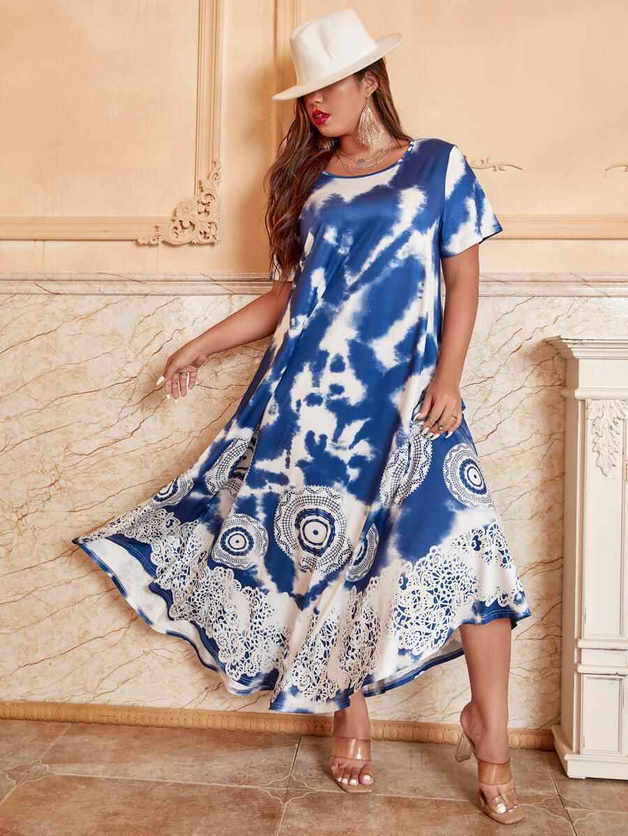 Plus Size Women's Printed Round Neck Large Swing Dress