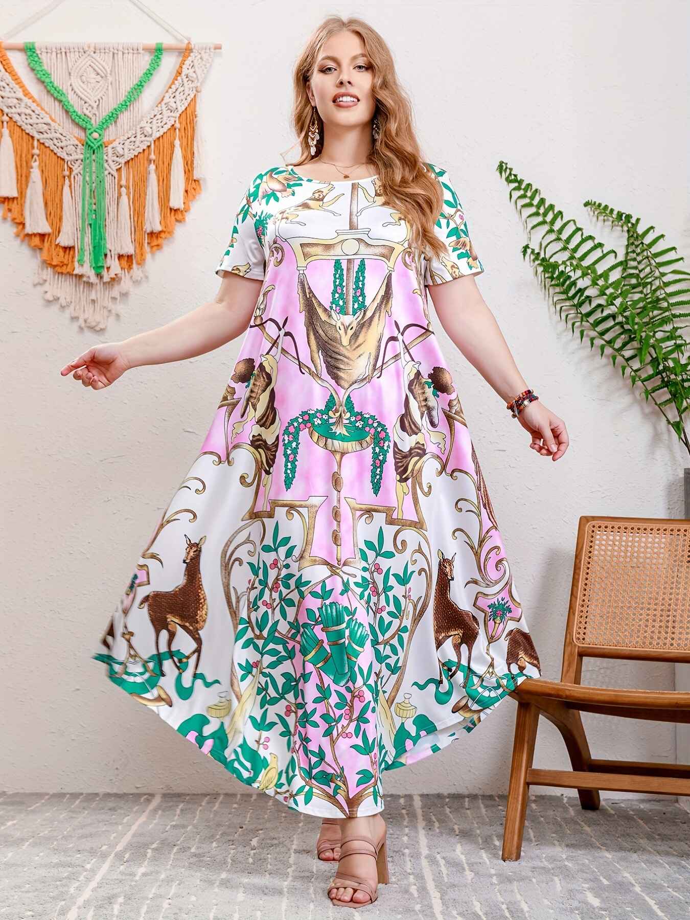 Plus Size Women's Printed Round Neck Large Swing Dress