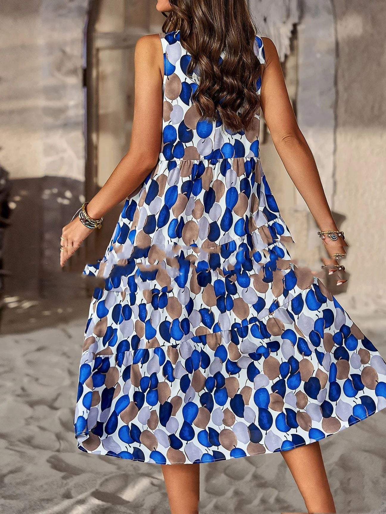 Digital Printing Patchwork Maxi Dress | Stylish Round Neck Casual Dress