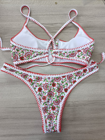 V-Neck Embroidery Floral Swimsuit