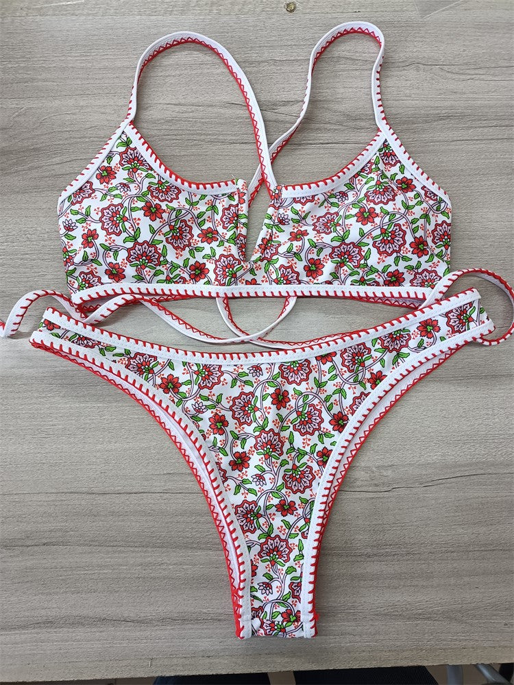 V-Neck Embroidery Floral Swimsuit