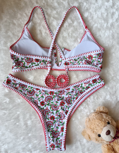 V-Neck Embroidery Floral Swimsuit