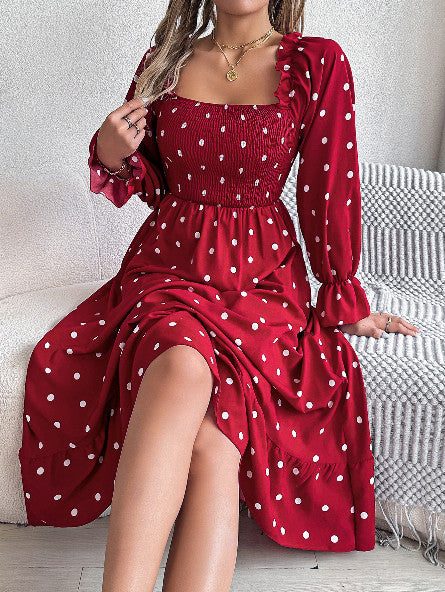 Casual  Dot Swing Dress With Wooden Ears