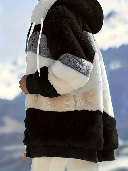 "Color Block Fuzzy Hooded Coat - Jackets In Winter Cozy Long Sleeve Winter Jacket"