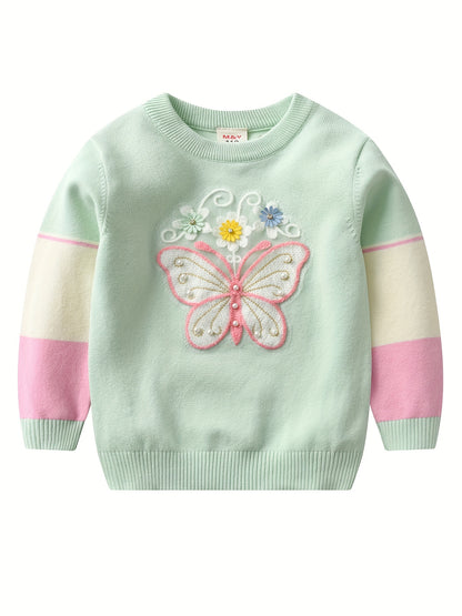 Cute Embroidered Pullover Top for Girls – Daisies, Pearls, and Butterflies 🌼🦋