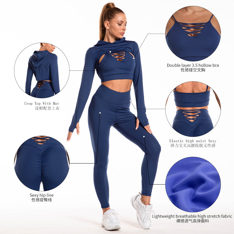 3pcs Sports Suits Long Sleeve Hooded Top Hollow, Butt Lifting High Waist Fitness Outfits