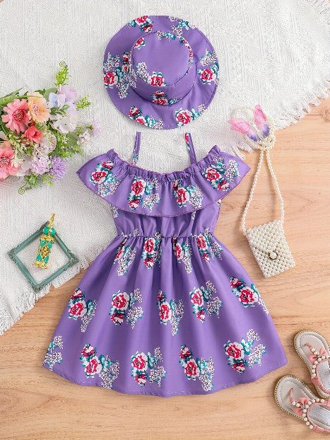 Girls’ Floral Princess Dress & Hat Set | 2-Piece Special Occasion Outfit