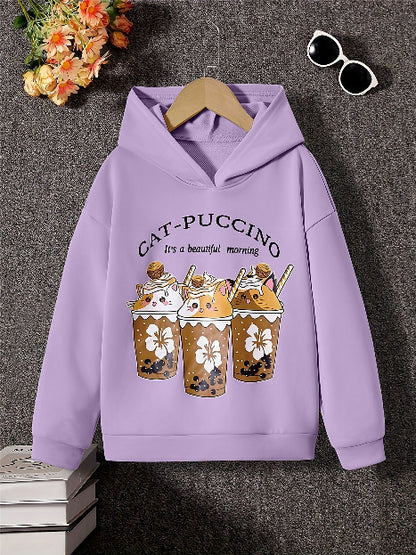 Girls' Cartoon Cat Puccino Hoodie – Cozy & Cute Sweatshirt for Spring & Autumn