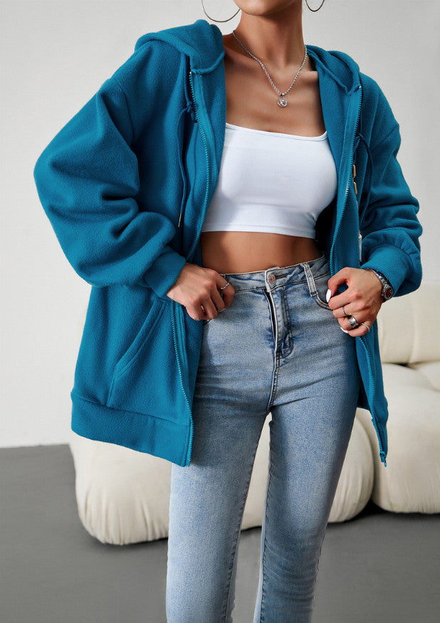 Trendy Solid Color Hooded Cardigan Jacket