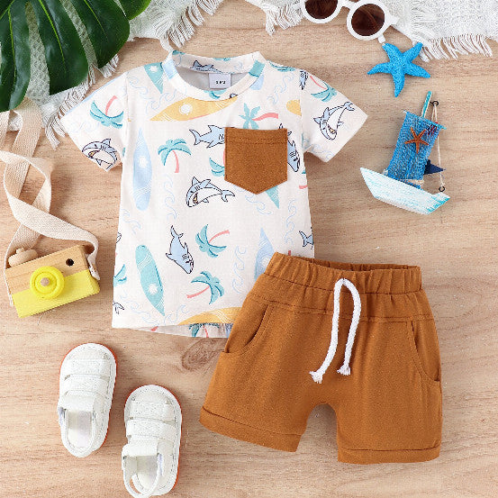 Stylish Summer Kids Short Sleeve Suit with Turtle and Shark Print