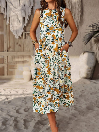 Digital Printing Patchwork Maxi Dress | Stylish Round Neck Casual Dress