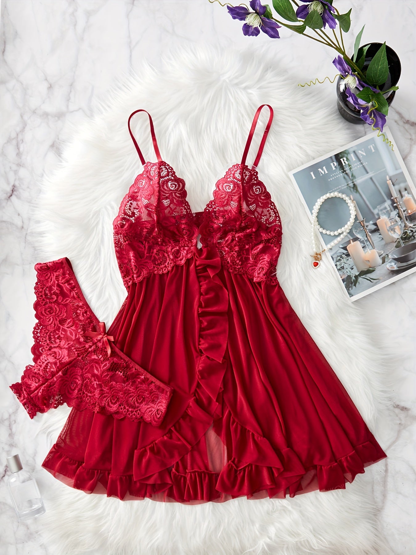 Seductive Contrast Lace Ruffle Trim Lingerie Set | Deep V-Slip Dress & Thong