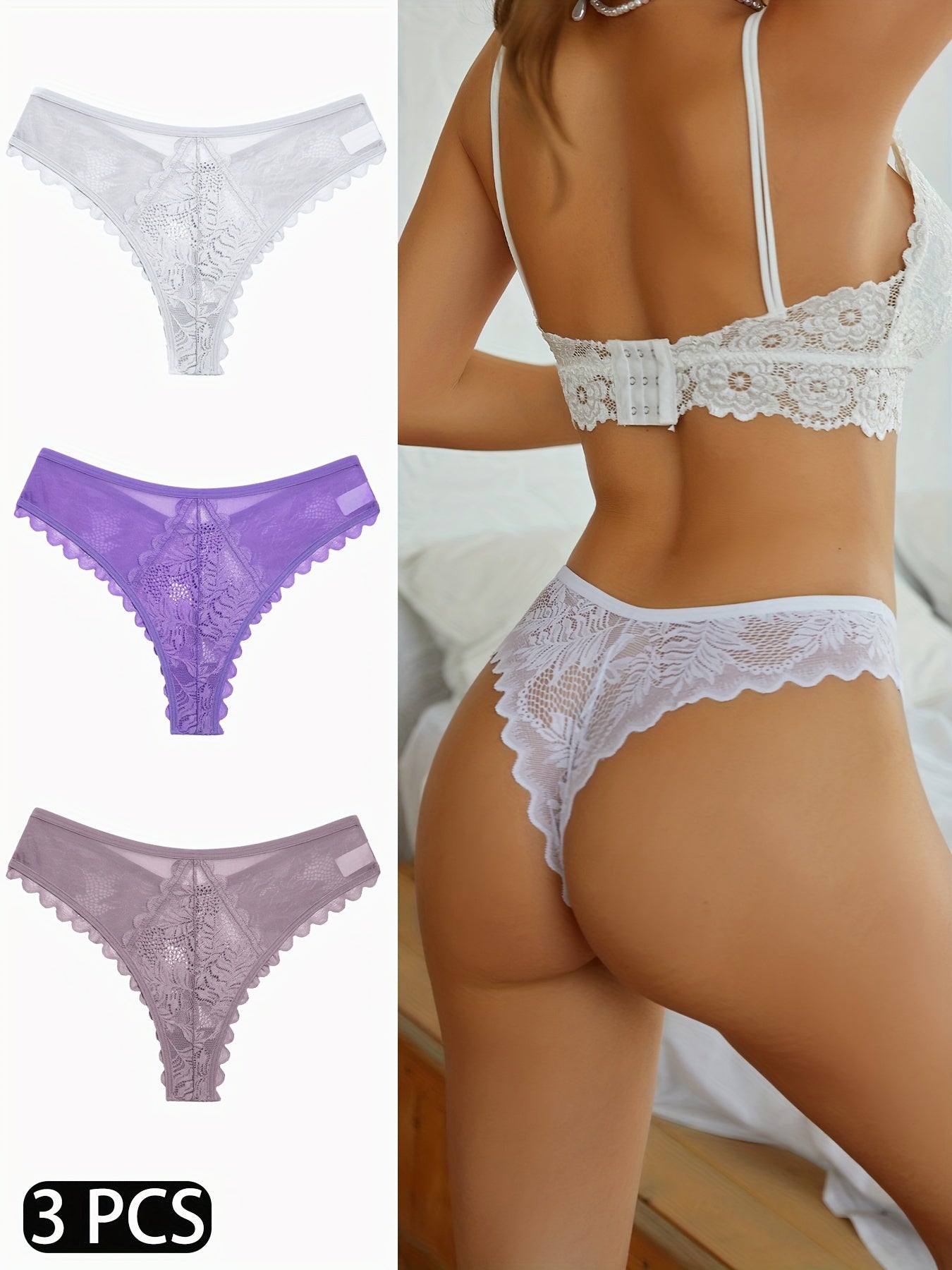 3-Piece Sexy Lacy Trim Briefs Set – Breathable Semi-Sheer Thong Women's Lingerie