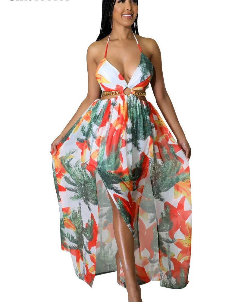 Sleeveless High Side Split Fit Flare Maxi Long Dresses