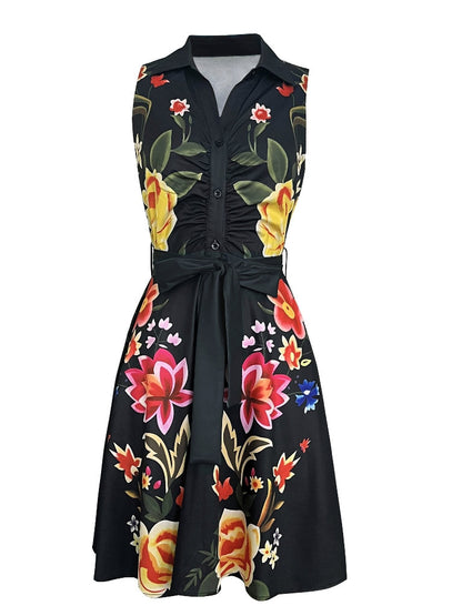 Elegant Sleeveless Ruffle Dress with Floral Print & Button Belt – Chic & Comfortable