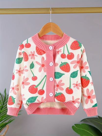 “Girls’ Cute Fruit Pattern Cardigan with Thermal Lining | Cozy & Stylish”