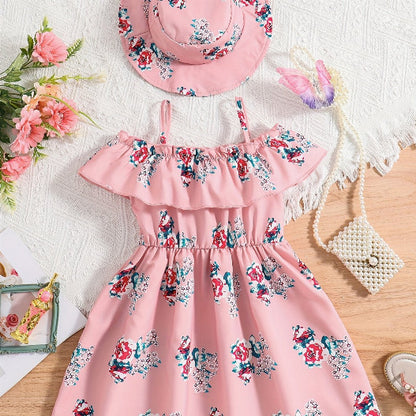 Girls’ Floral Princess Dress & Hat Set | 2-Piece Special Occasion Outfit