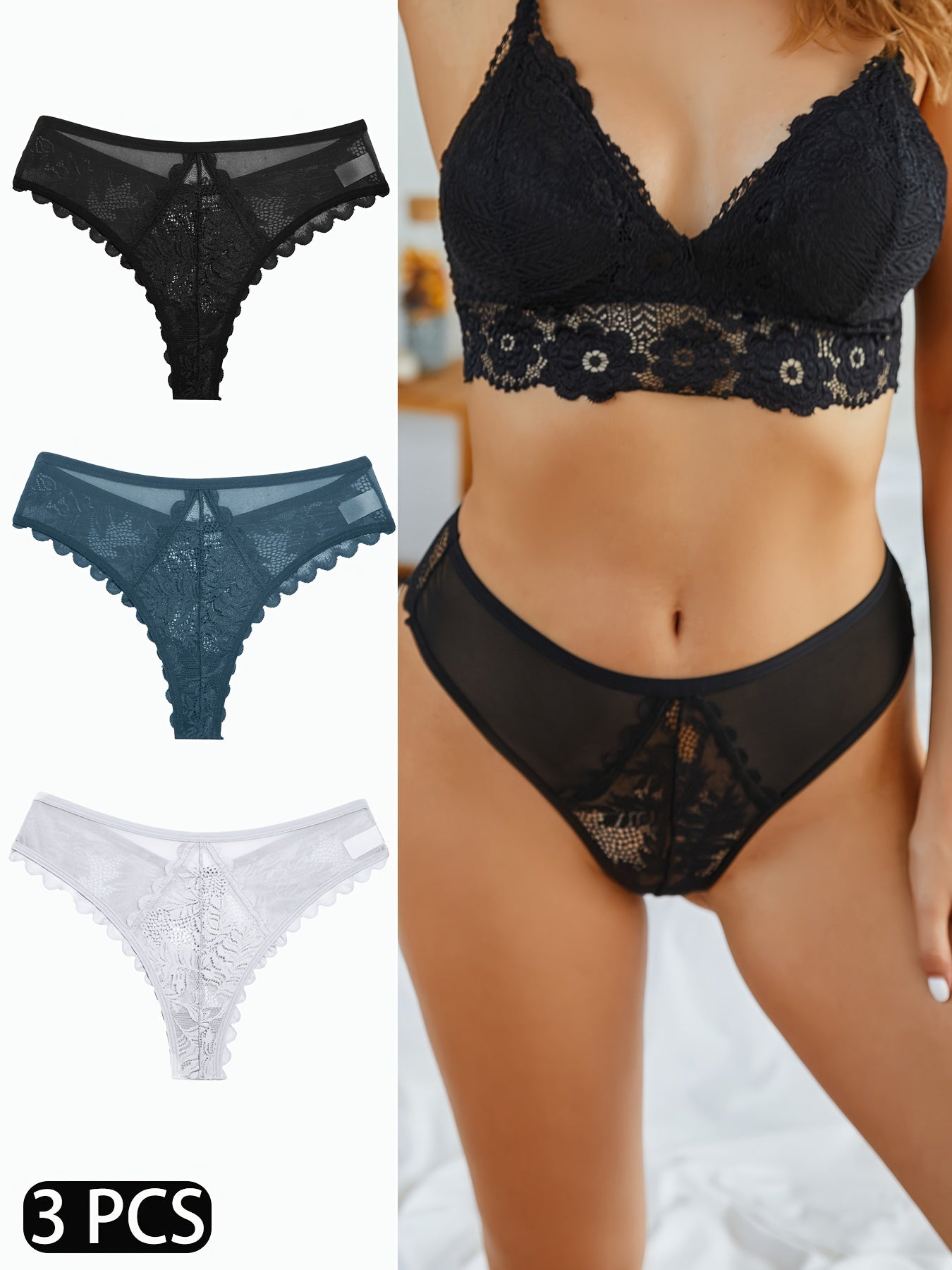 3-Piece Sexy Lacy Trim Briefs Set – Breathable Semi-Sheer Thong Women's Lingerie