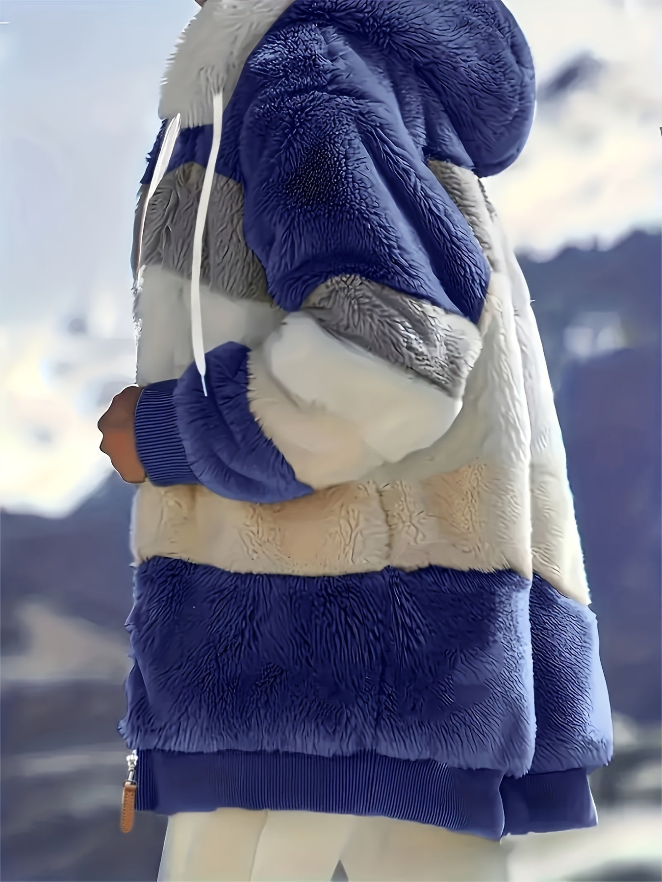 "Color Block Fuzzy Hooded Coat - Jackets In Winter Cozy Long Sleeve Winter Jacket"