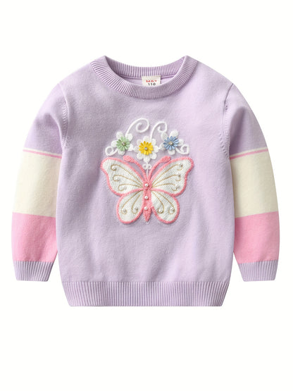 Cute Embroidered Pullover Top for Girls – Daisies, Pearls, and Butterflies 🌼🦋