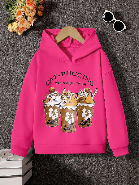 Girls' Cartoon Cat Puccino Hoodie – Cozy & Cute Sweatshirt for Spring & Autumn