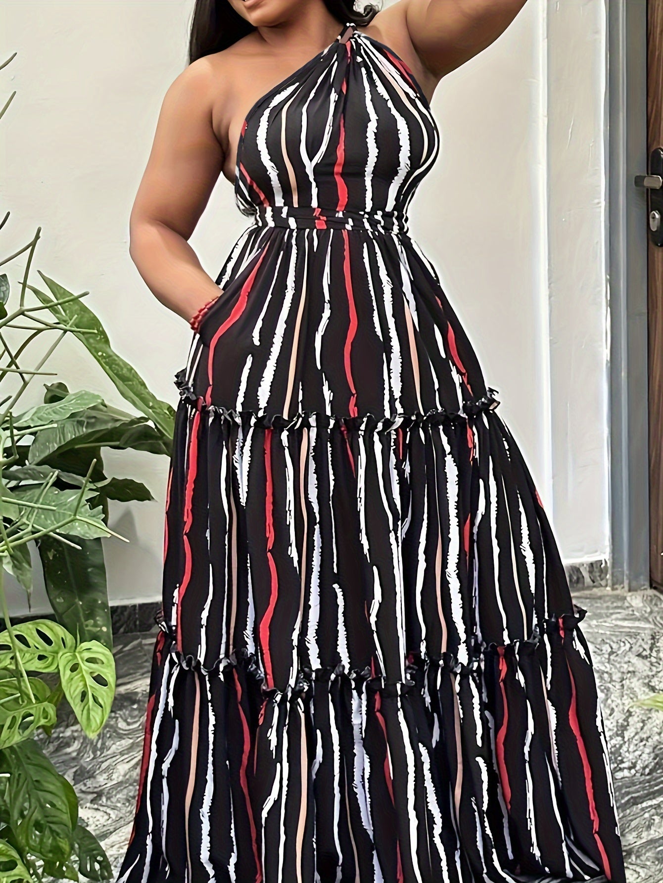 Plus Size Striped One Shoulder Maxi Dress