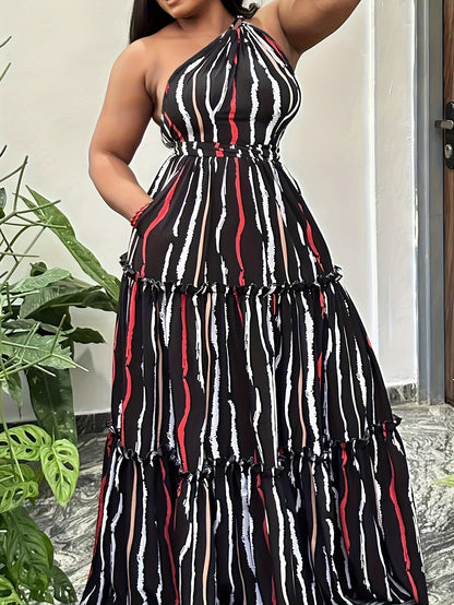 Plus Size Striped One Shoulder Maxi Dress