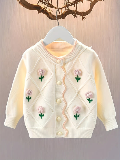 Girls' Floral Cardigan Sweater | Stylish Spring & Autumn Wool Outerwear"