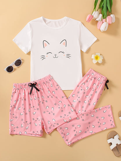 Adorable Girls' Cartoon Cat Summer Lounge Set – Cool & Comfy 🐱🌞